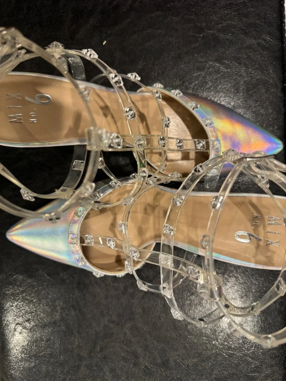 🪩 Mix No. 6 Liraven Caged Pump Heel in Iridescent/Clear Metallic with Studs
